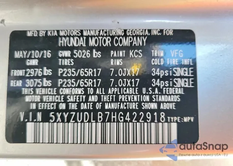 2017 Hyundai Santa Fe Sport z USA, uszkodzony, nr VIN 5XYZUDLB7HG422918